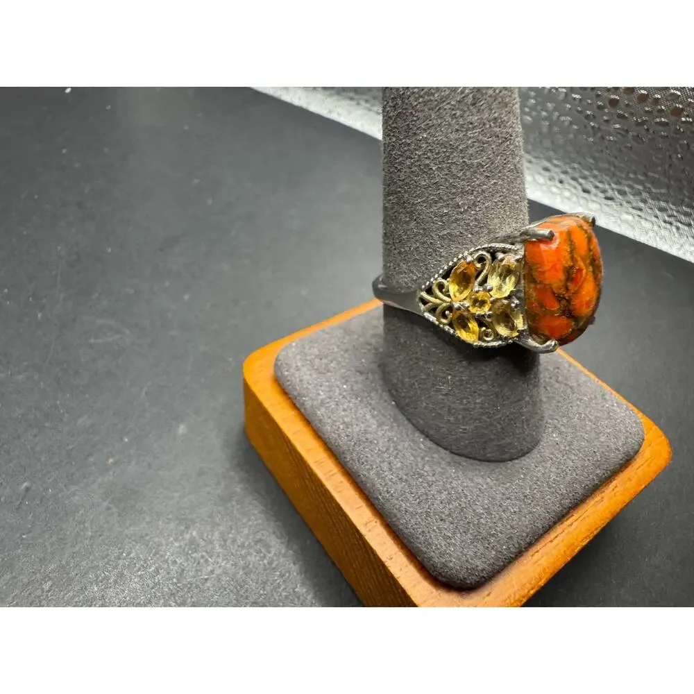 STS Spiny Oyster Cabochon & Citrine Gemstone Sterling Silver 925 Ring Size 9.75